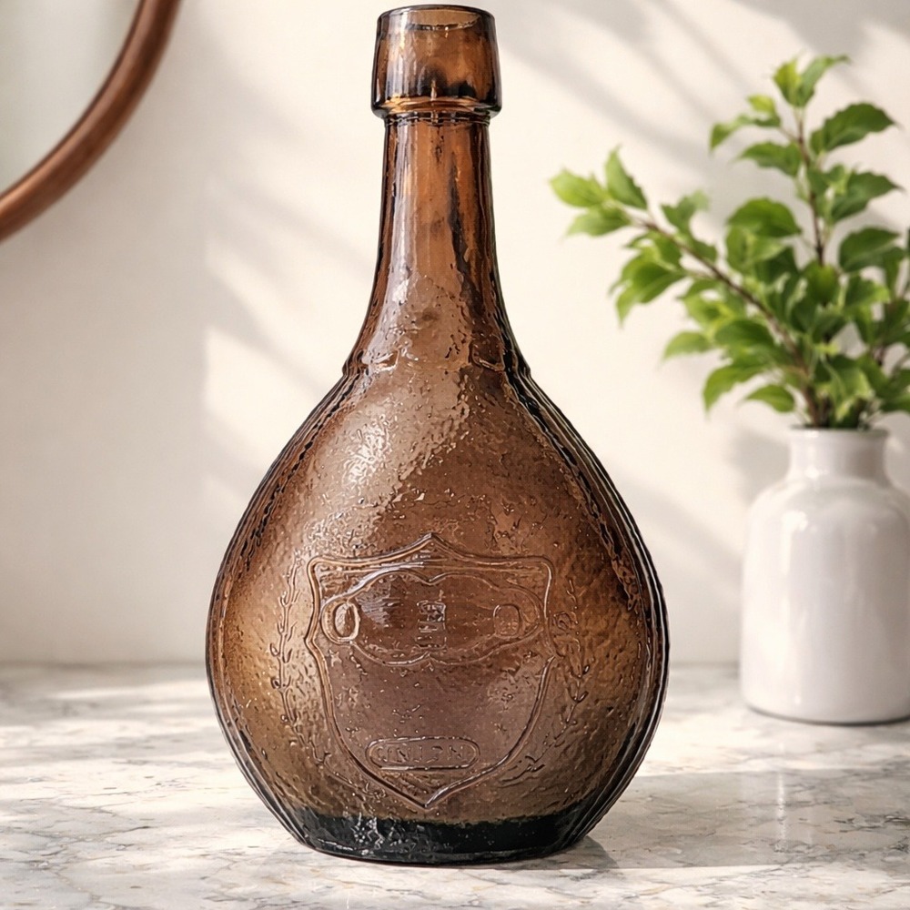 Vintage Wheaton‎ Amber Glass Union Shield Sailing Ship Textured  Bottle 9 1/8"